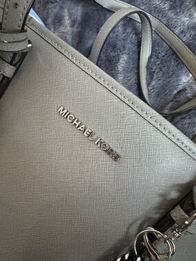 Michael Kors Silver Leather Tote MK Pendant
